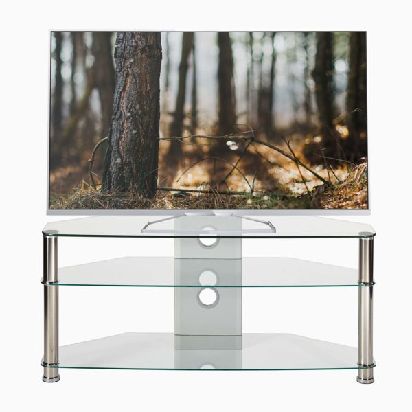 Corner Tv Stand In Clear Glass Up To 42 Inch Mmt Cl1000 Jet Mmt Cl1000 Clear Glass Corner Tv Stand