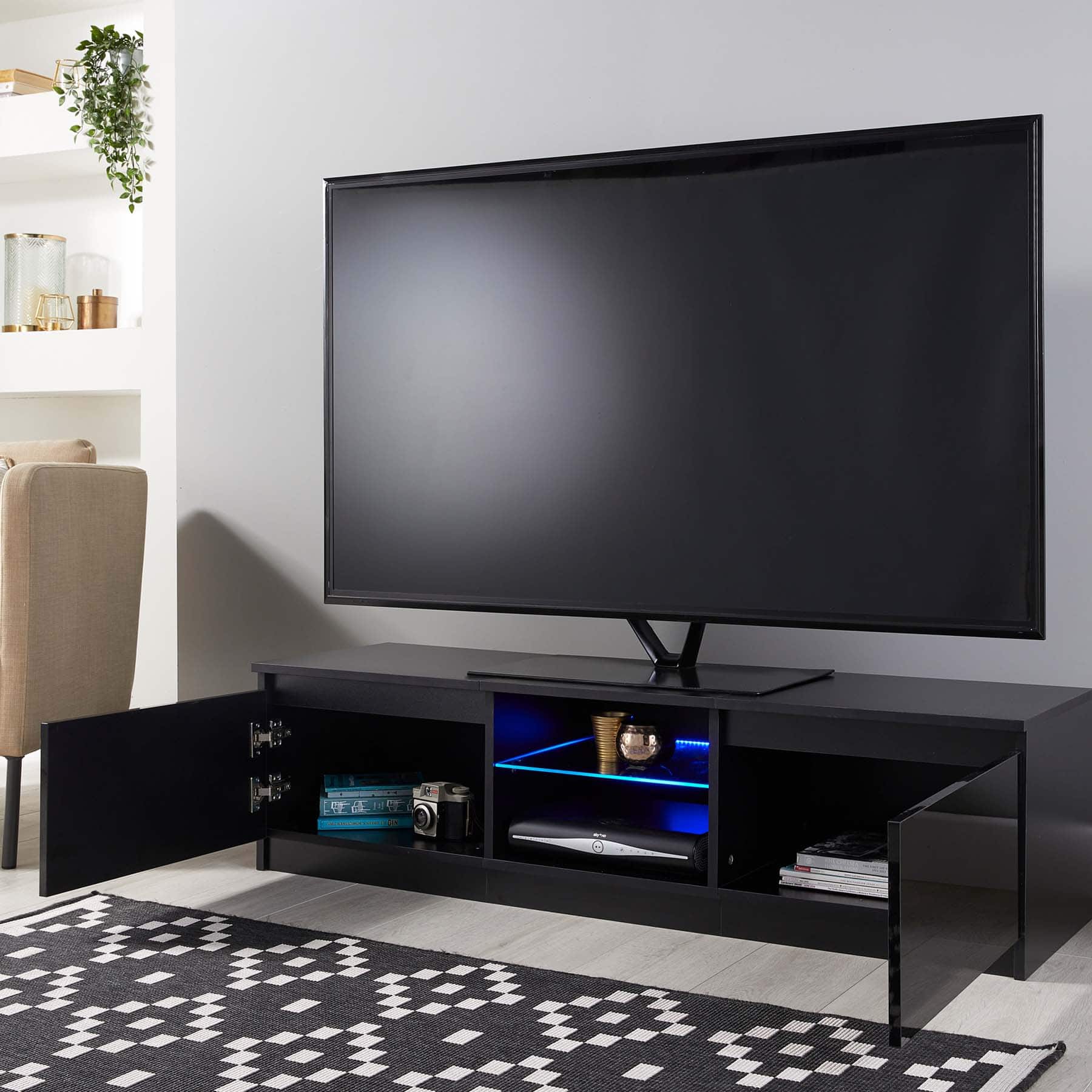Details about   MMT RTV 1400 Black TV Stand Cabinet Unit With LED Lights for 42 49 55 65 inch 4k 