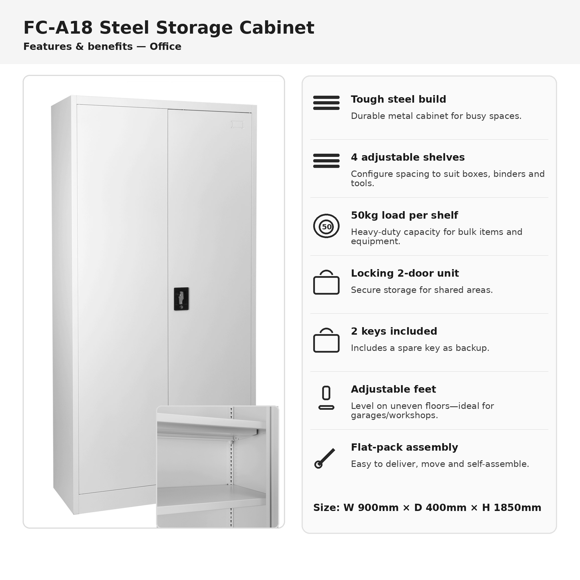 fc a18 grey 2 door steel storage cabinet 1850mm