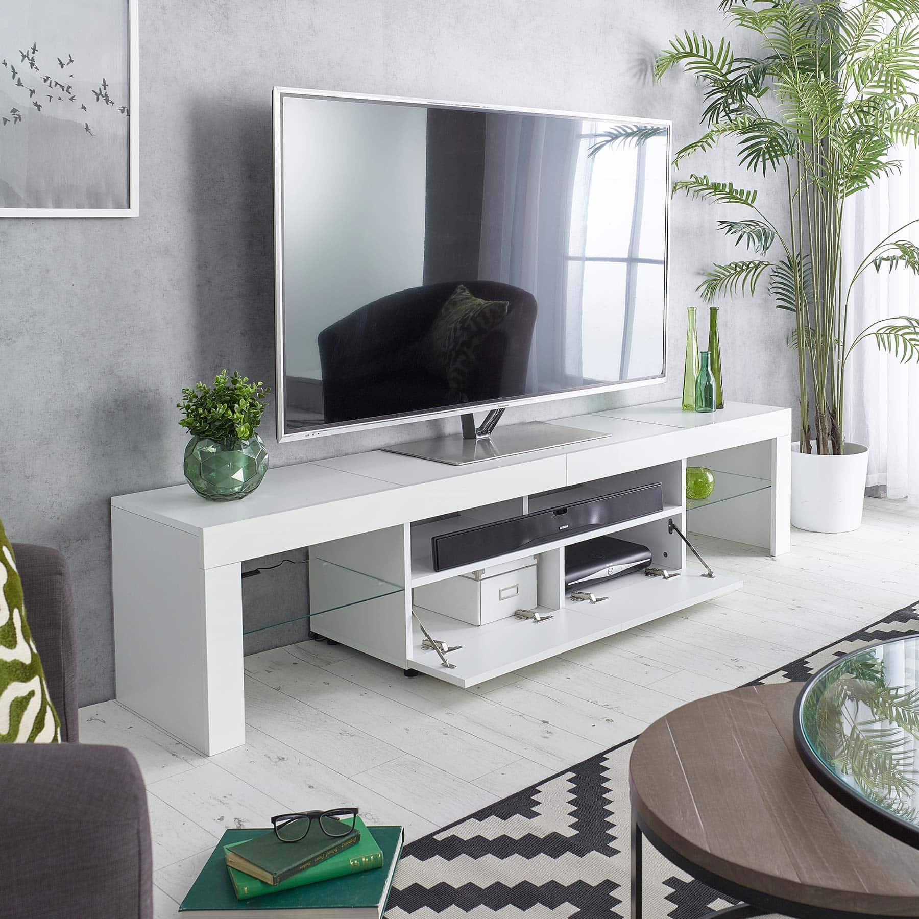 TS1706 Wide White TV Cabinet For Up To 80 Screens MMT Furniture Designs