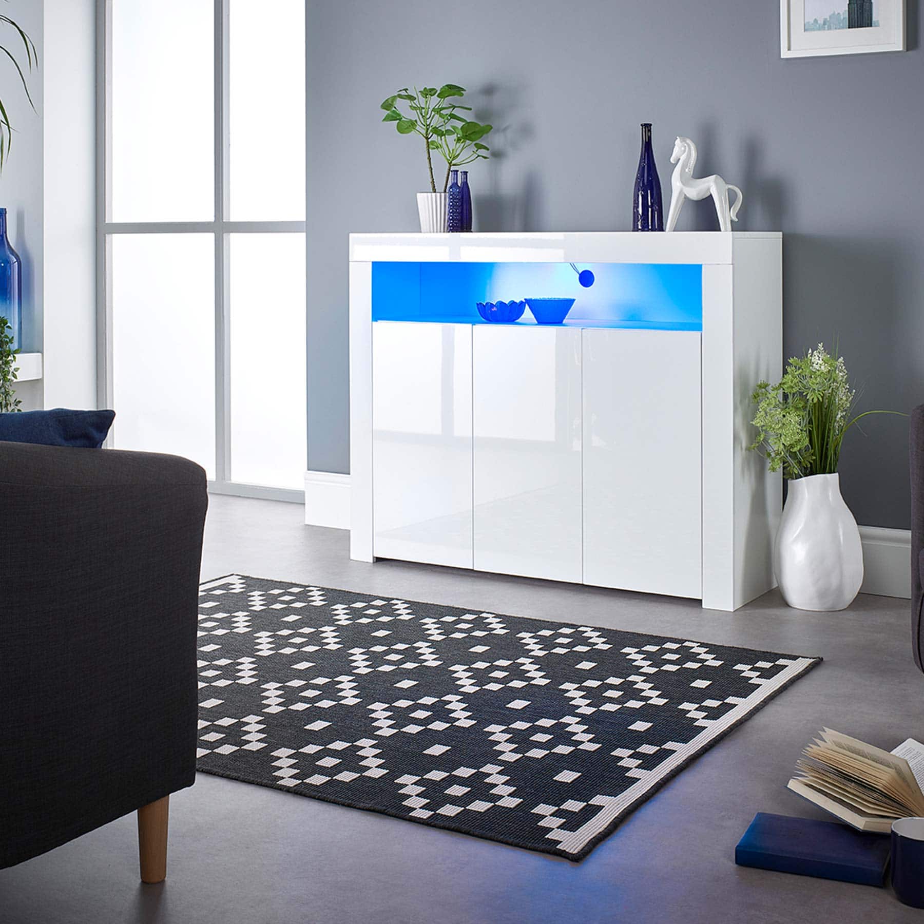 Wido 2 Door White Gloss Sideboard With LED Lighting Cabinet Cupboard Furniture Living Room Storage 