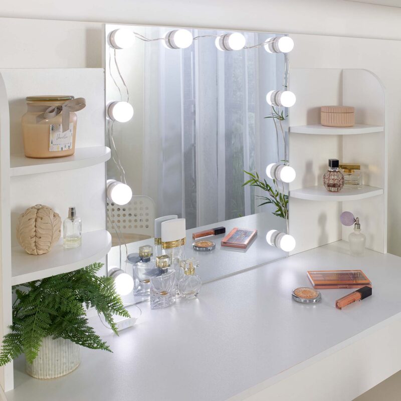 white dressing table with mirror and led lights