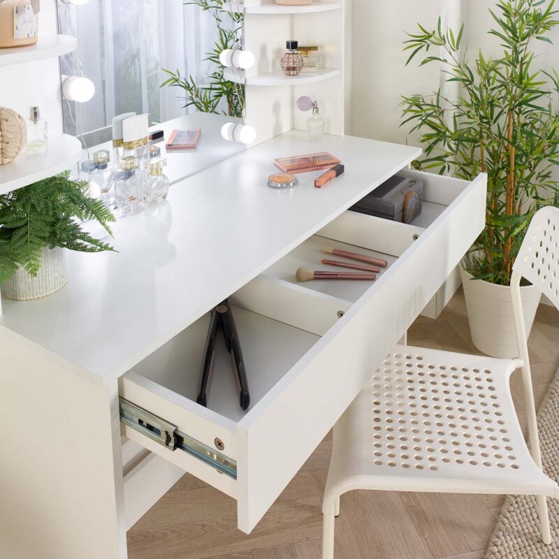 white dressing table with mirror and led lights