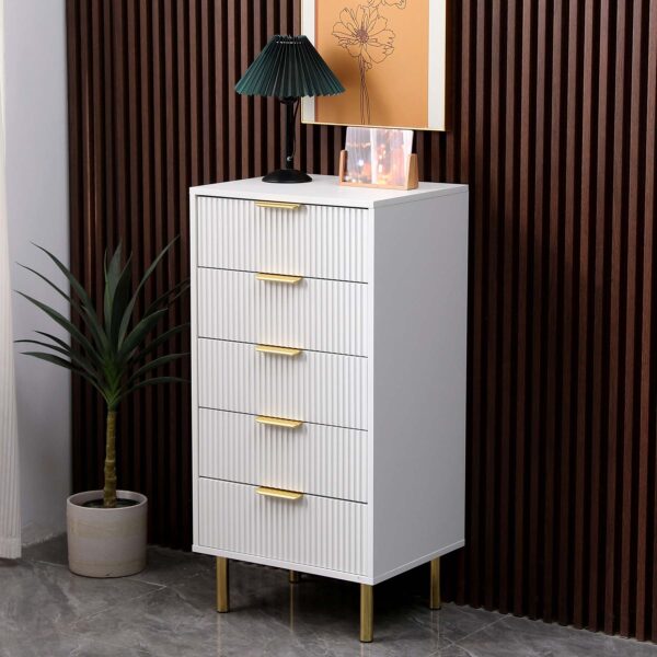 white 5 drawer fluted front chest of drawers