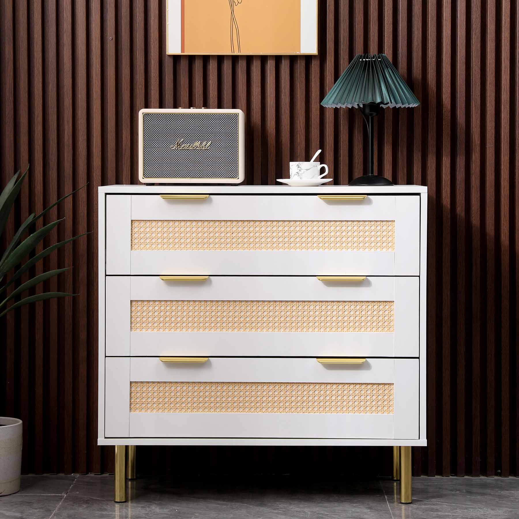 woven rattan chest of 3 drawers in white