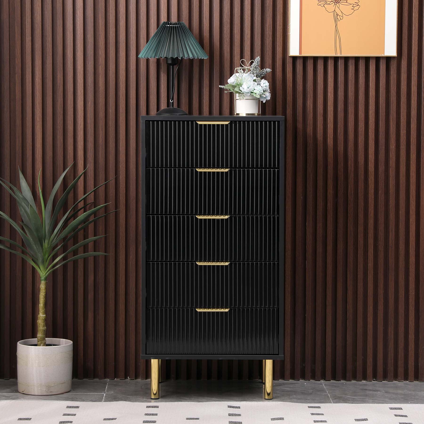 black 5 drawer fluted front chest of drawers