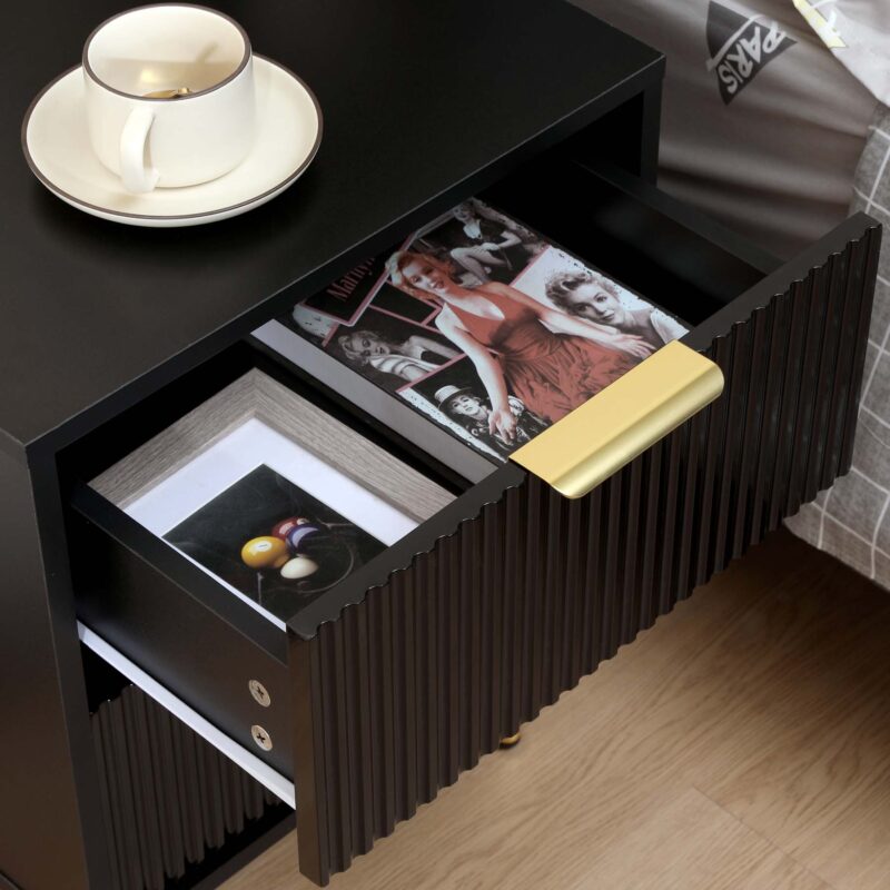 black 2 drawer fluted bedside table