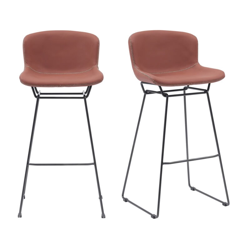 Set of 2 Tan Retro Bar Stools with ZigZag Stitching
