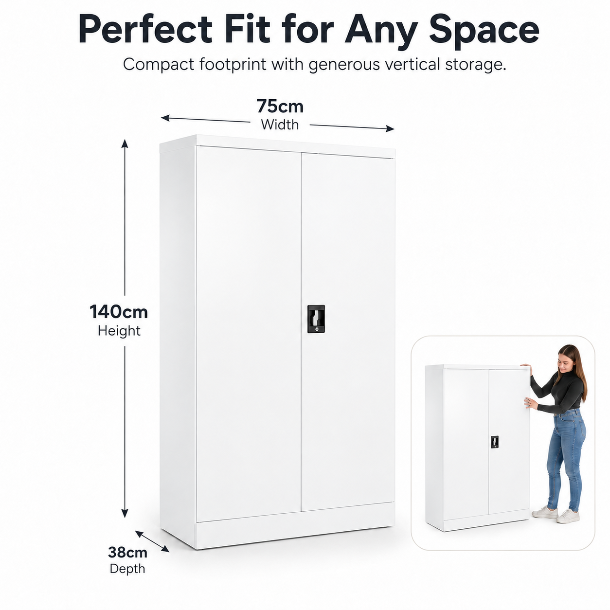 white steel storage cabinet 140cm | 2 door lockable, 3 shelves