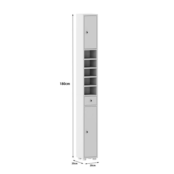 White Slim Bathroom Storage Cabinet 180cm Tall | 20cm Wide
