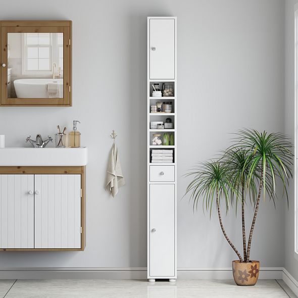 White Slim Bathroom Storage Cabinet 180cm Tall | 20cm Wide