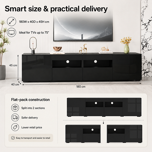 Black 180cm TV Stand Cabinet with LED Lights | Up to 85 Inch TVs