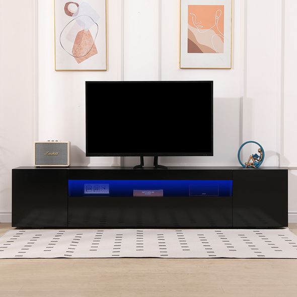 Black 200cm TV Stand Cabinet with Soundbar Shelf & LED Lights