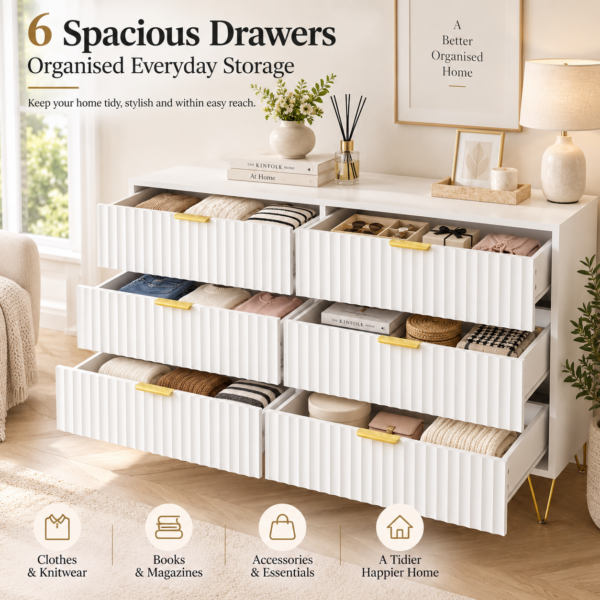 White 6 Drawer Chest of Drawers | Fluted Front, Gold Legs