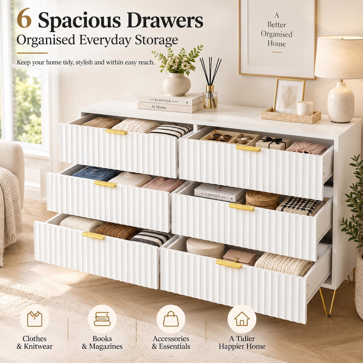 White 6 Drawer Chest of Drawers | Fluted Front, Gold Legs
