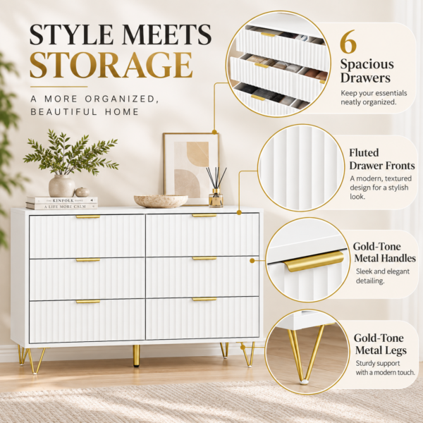 White 6 Drawer Chest of Drawers | Fluted Front, Gold Legs