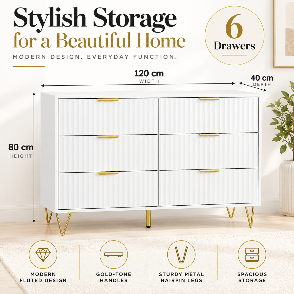 White 6 Drawer Chest of Drawers | Fluted Front, Gold Legs