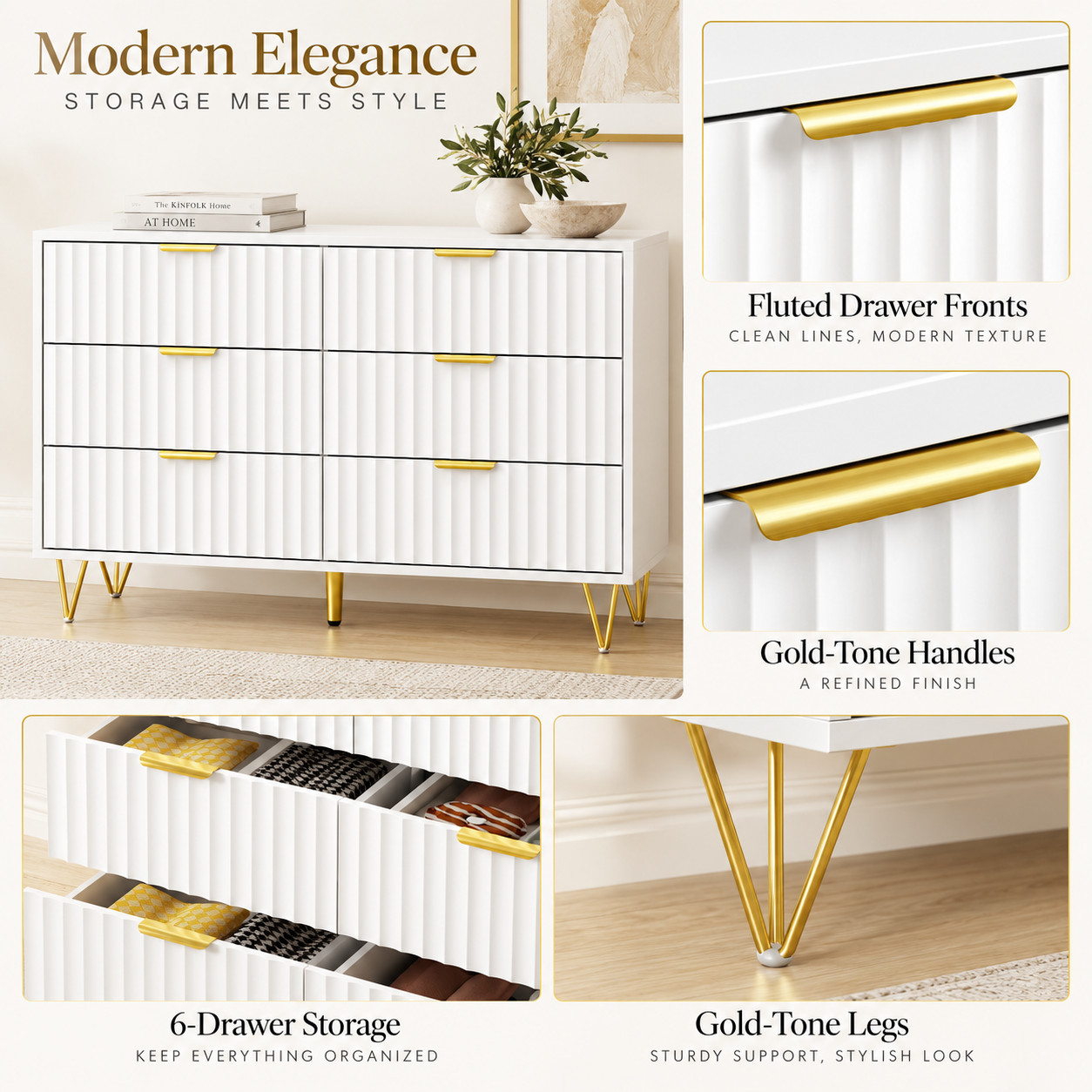 White 6 Drawer Chest of Drawers | Fluted Front, Gold Legs