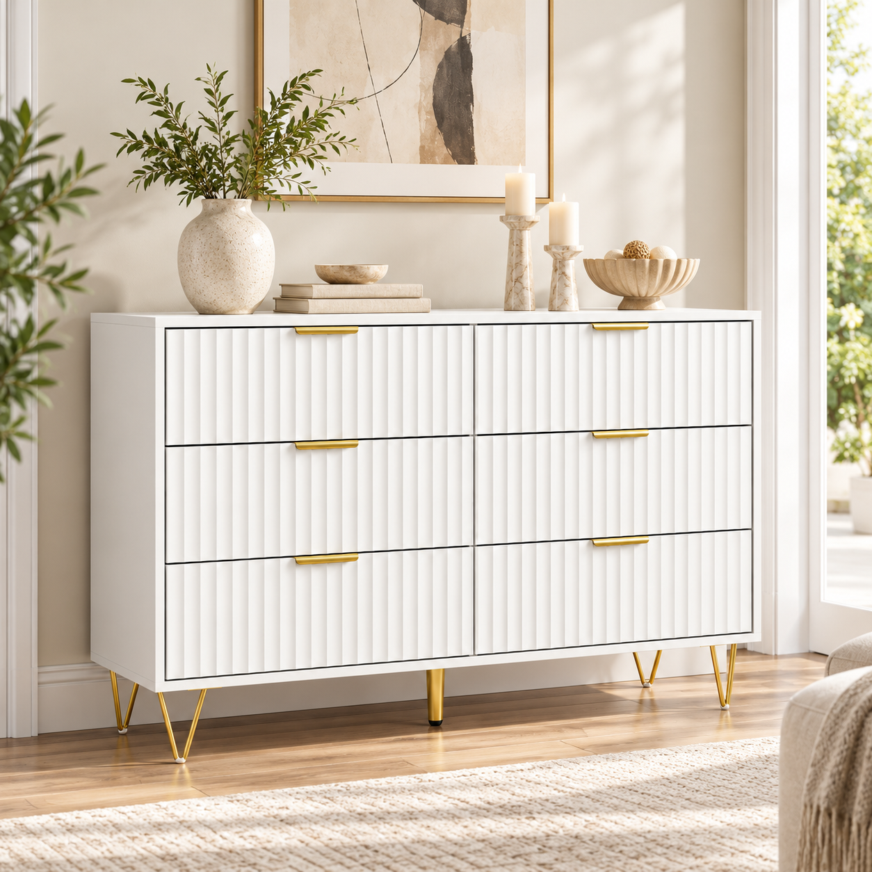 White 6 Drawer Chest of Drawers | Fluted Front, Gold Legs