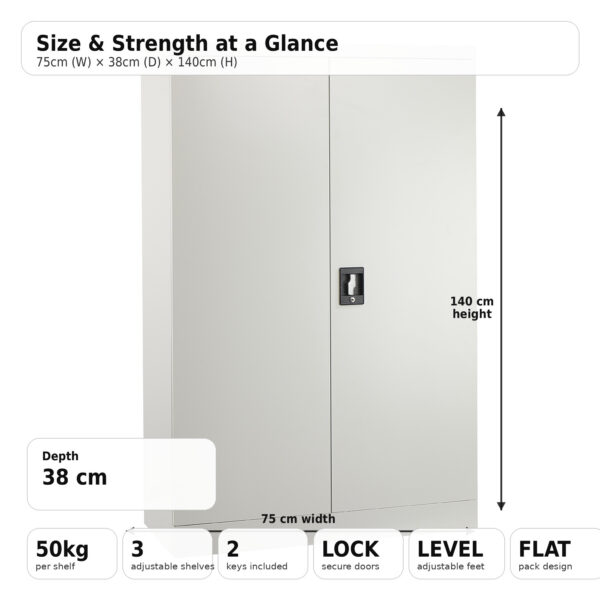 grey steel storage cabinet 140cm | 2 door lockable, 3 shelves