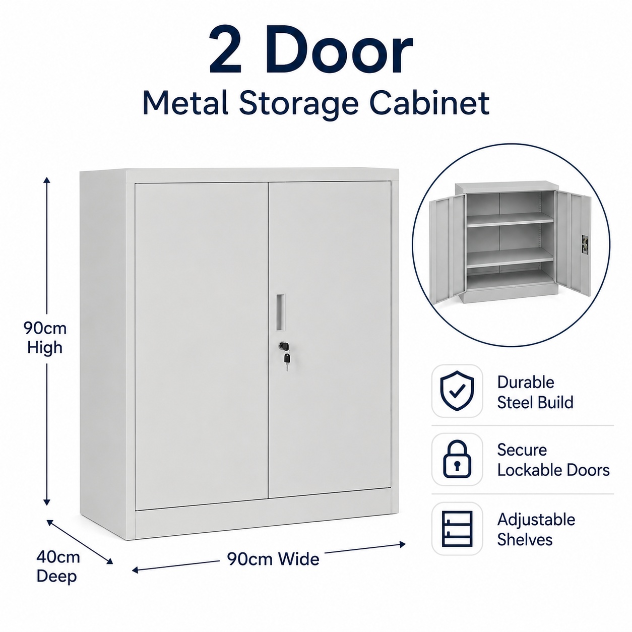 Grey Steel Storage Cabinet 90cm | 2 Door Lockable, 2 Shelves