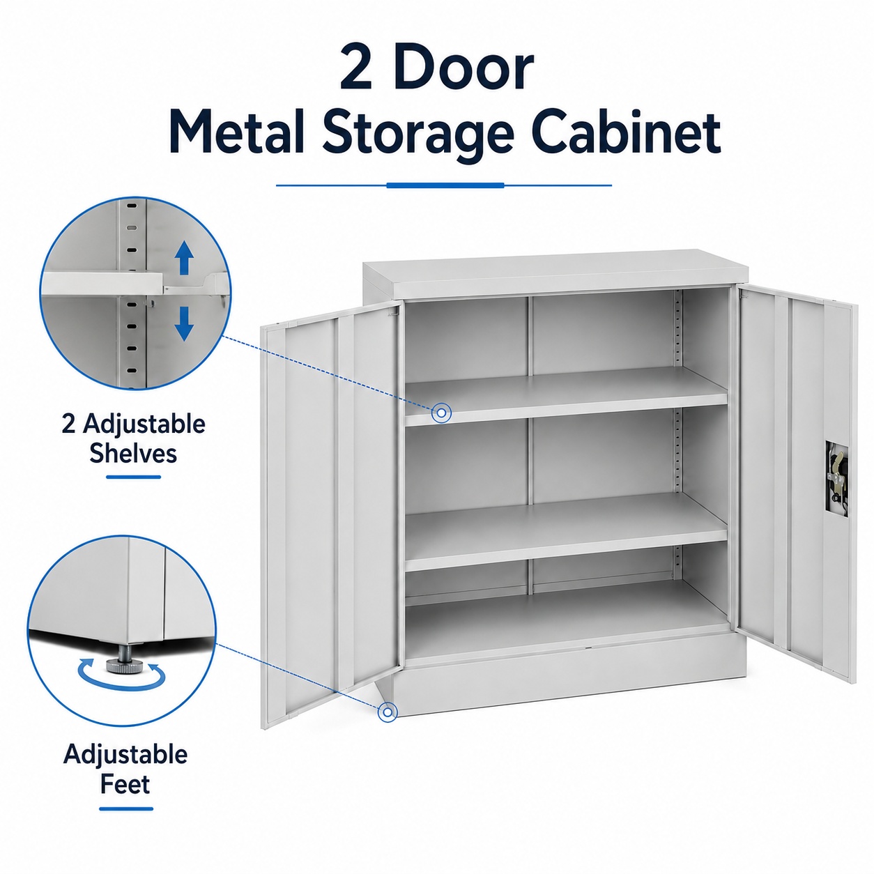 Grey Steel Storage Cabinet 90cm | 2 Door Lockable, 2 Shelves