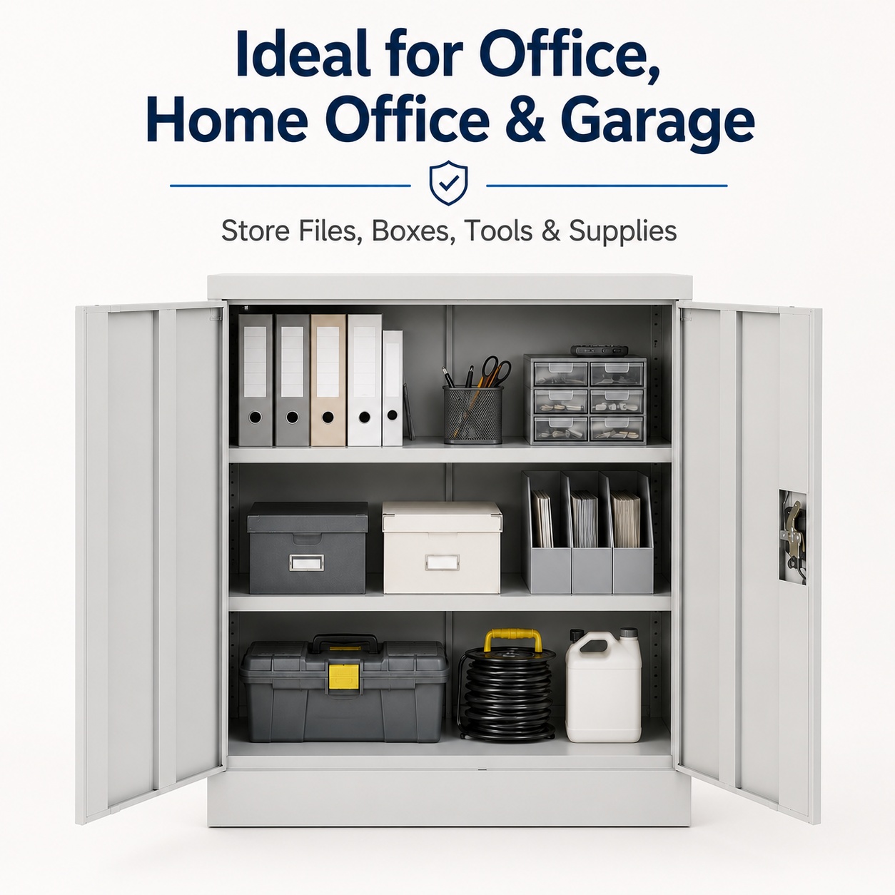 Grey Steel Storage Cabinet 90cm | 2 Door Lockable, 2 Shelves