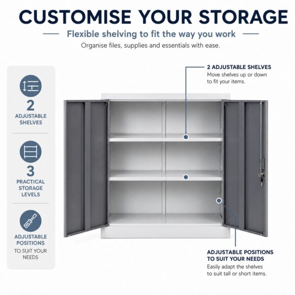 White & Grey Steel Storage Cabinet | Lockable, 2 Adjustable Shelves