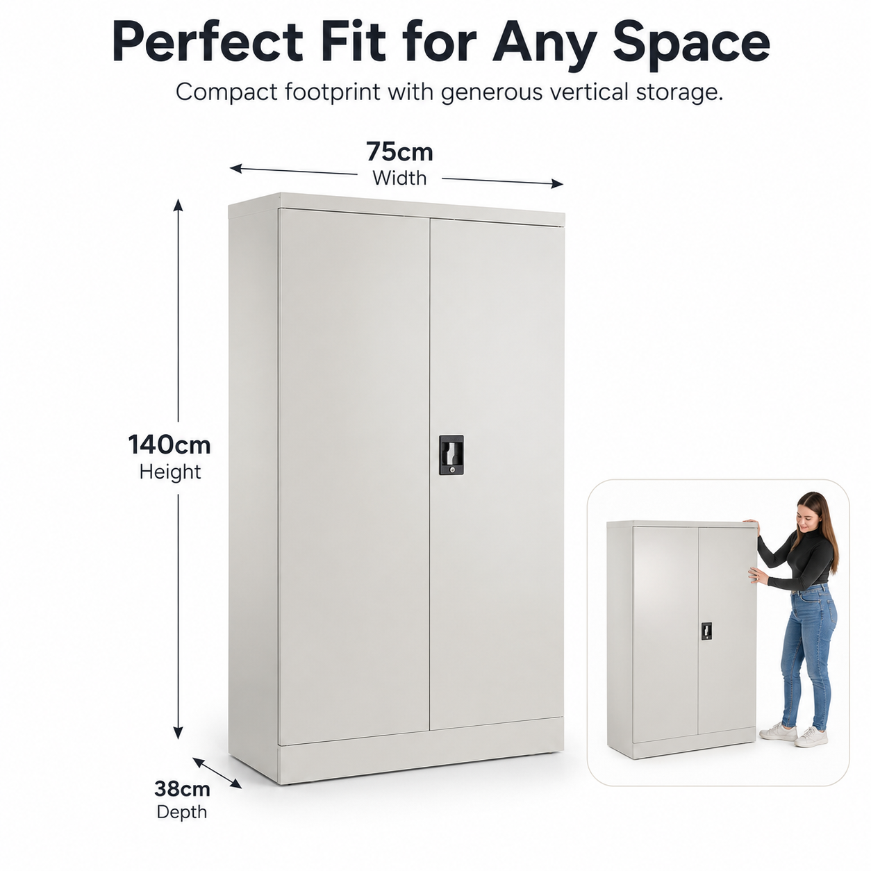 white steel storage cabinet 140cm | 2 door lockable, 3 shelves