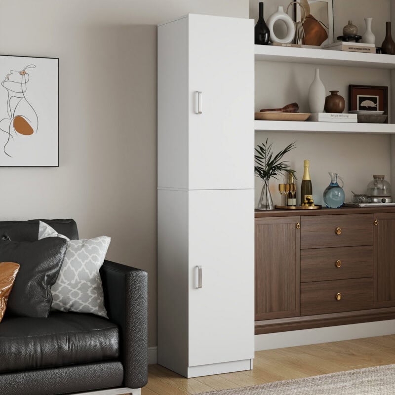 MMT White Slim 2 Door Storage Cabinet with 5 Adjustable Shelves 175cm