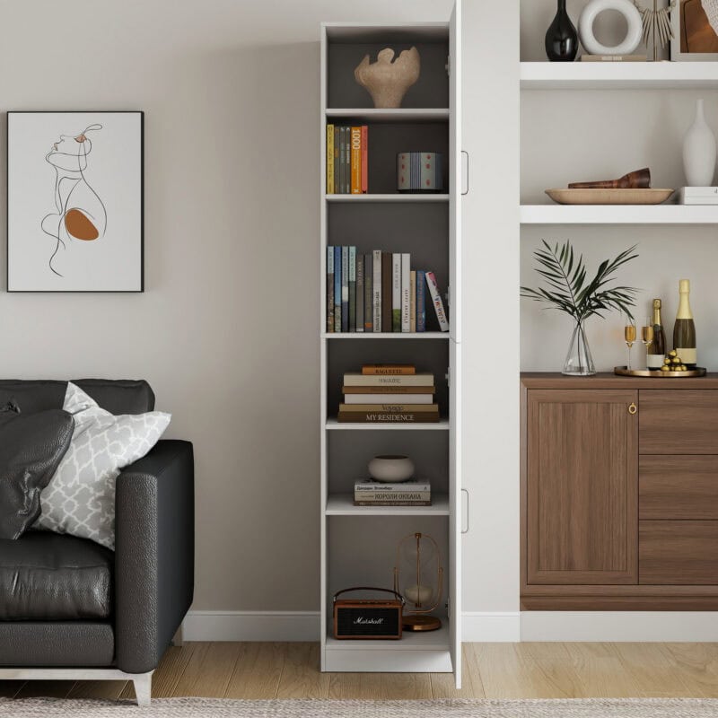 MMT White Slim 2 Door Storage Cabinet with 5 Adjustable Shelves 175cm