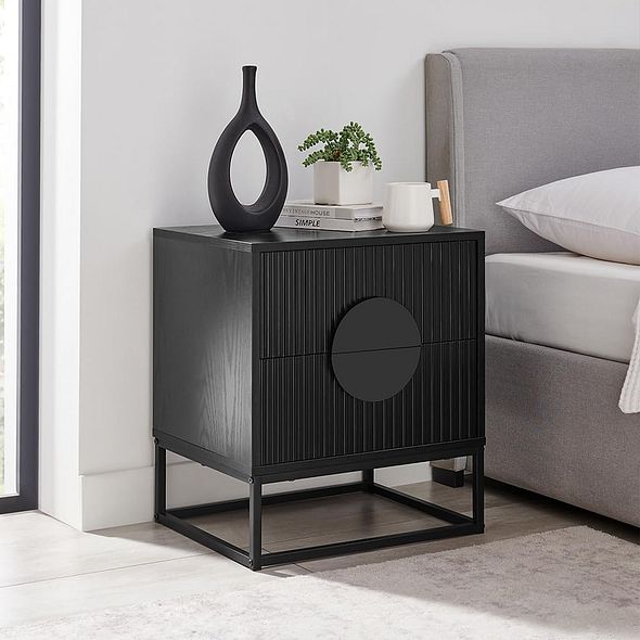Black Bedside Table with 2 Fluted Drawers & Steel Legs