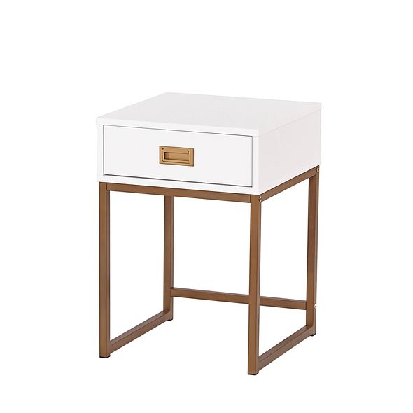 Modern End Table with Storage Drawer, White and Gold Metal Frame, Living Room