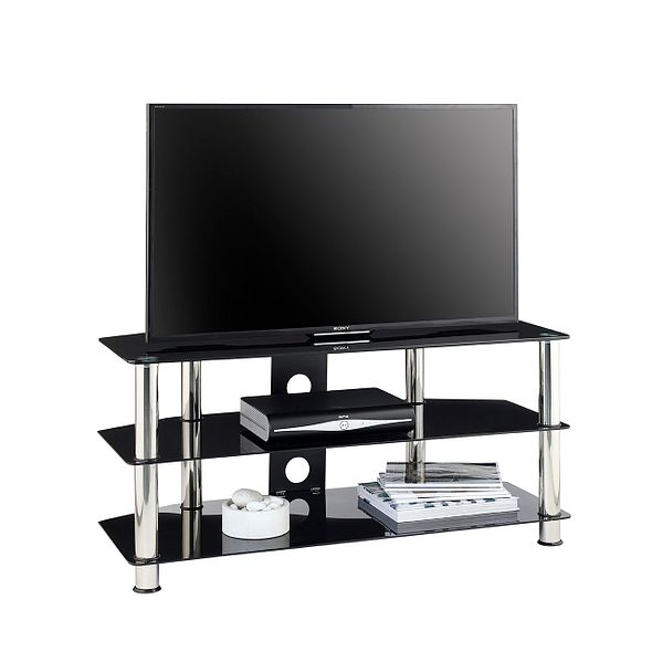 Black 105cm TV Stand Cabinet with Glass Shelves & Soundbar Shelf