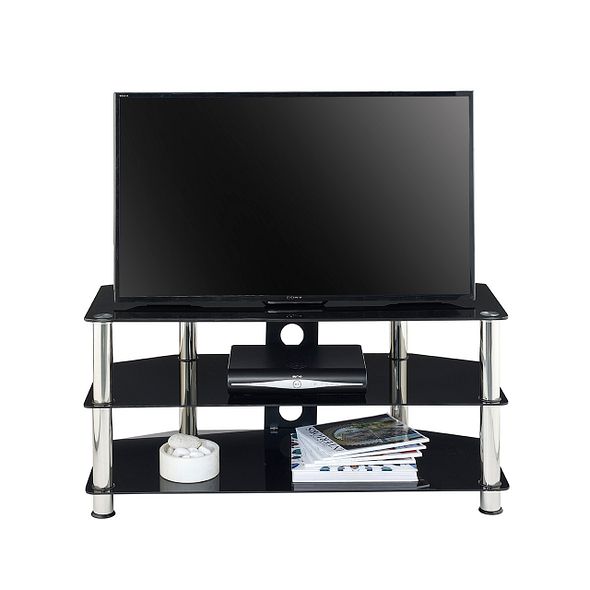 Black 105cm TV Stand Cabinet with Glass Shelves & Soundbar Shelf