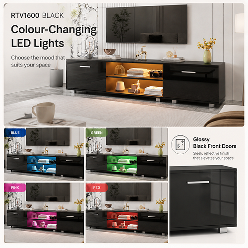 Black 160cm TV Stand Cabinet with Soundbar Shelf & LED Lights | Up to 65 Inch TVs