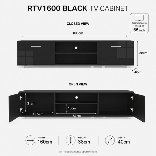 Black 160cm TV Stand Cabinet with Soundbar Shelf & LED Lights | Up to 65 Inch TVs