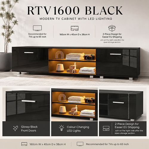 Black 160cm TV Stand Cabinet with Soundbar Shelf & LED Lights | Up to 65 Inch TVs
