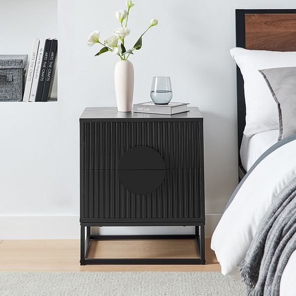 Black Bedside Table with 2 Drawers | Fluted Front