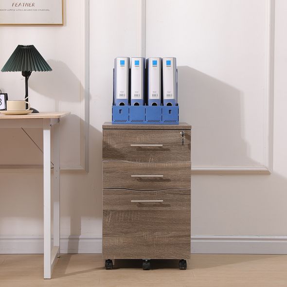 Dark Oak 3 Drawer Mobile Filing Cabinet | Lockable Under Desk Pedestal