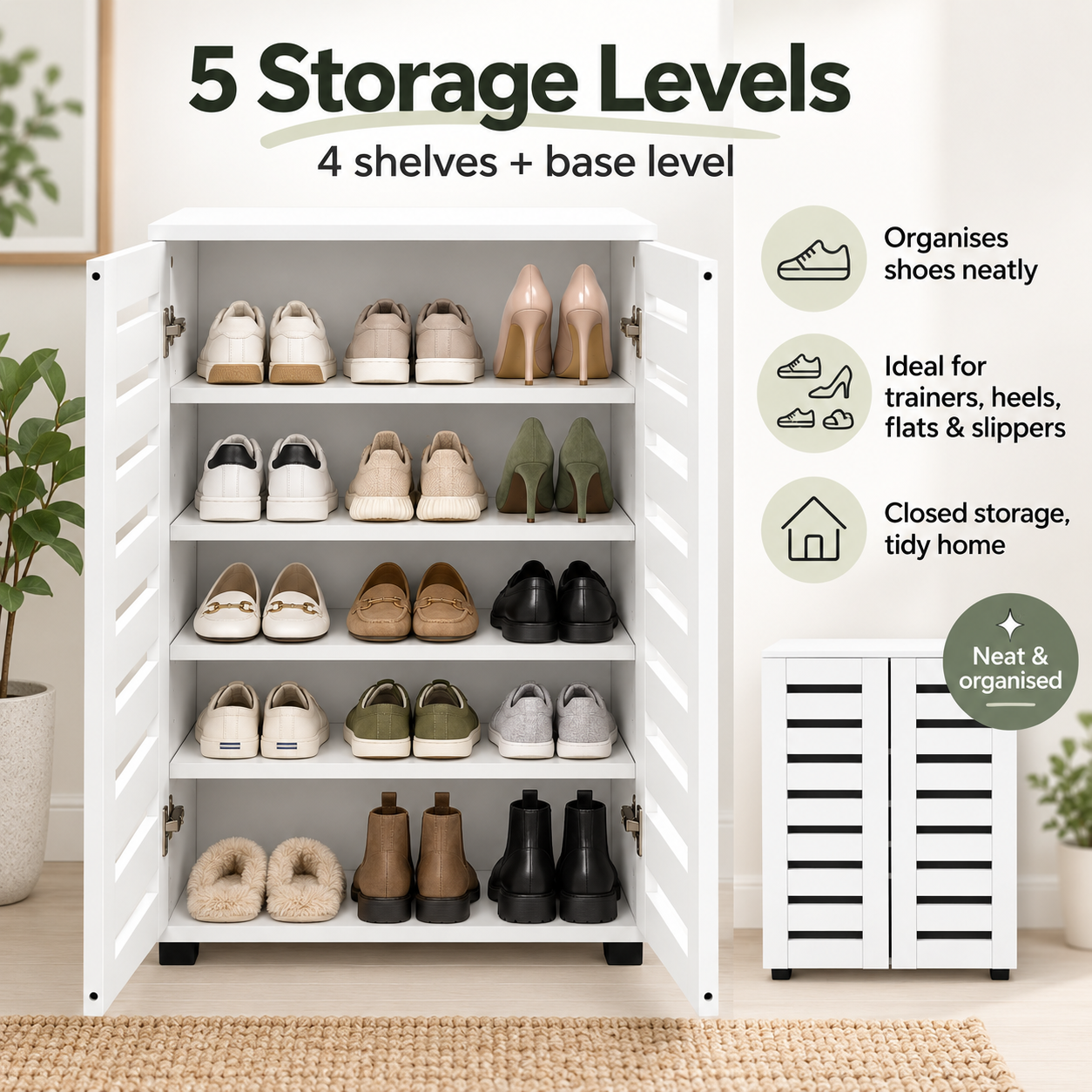 White Shoe Storage Cabinet with Slatted Doors | 60cm
