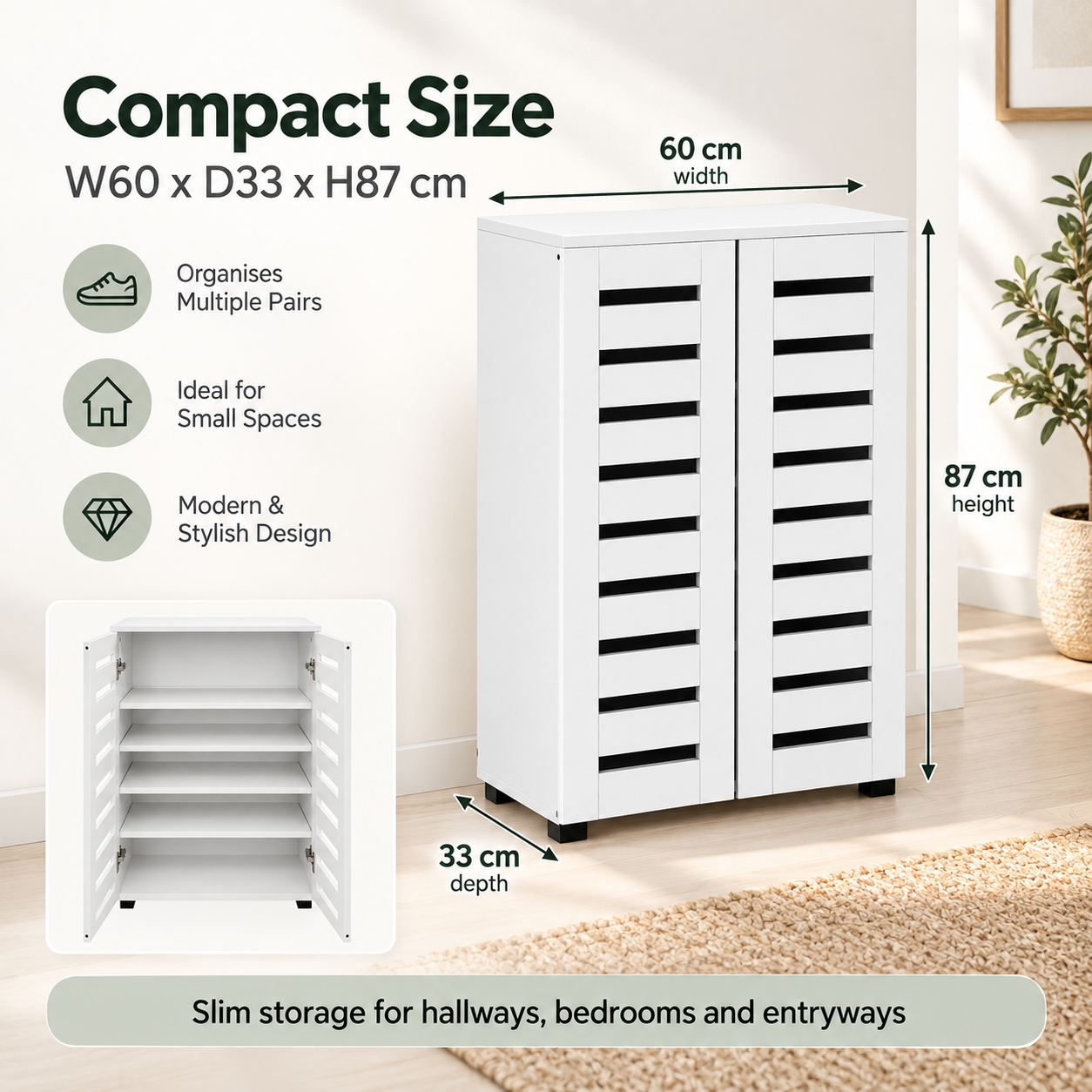 White Shoe Storage Cabinet with Slatted Doors | 60cm