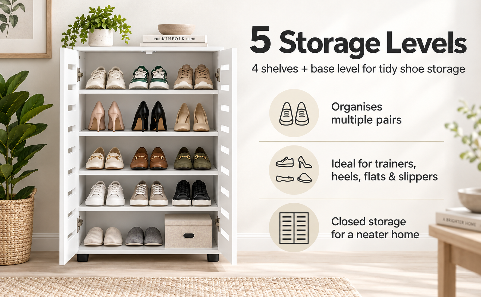 White Shoe Storage Cabinet with Slatted Doors | 60cm