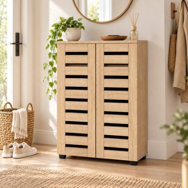 MMT Oak Effect 2 Door Shoe Storage Cabinet with Slatted Doors 60cm