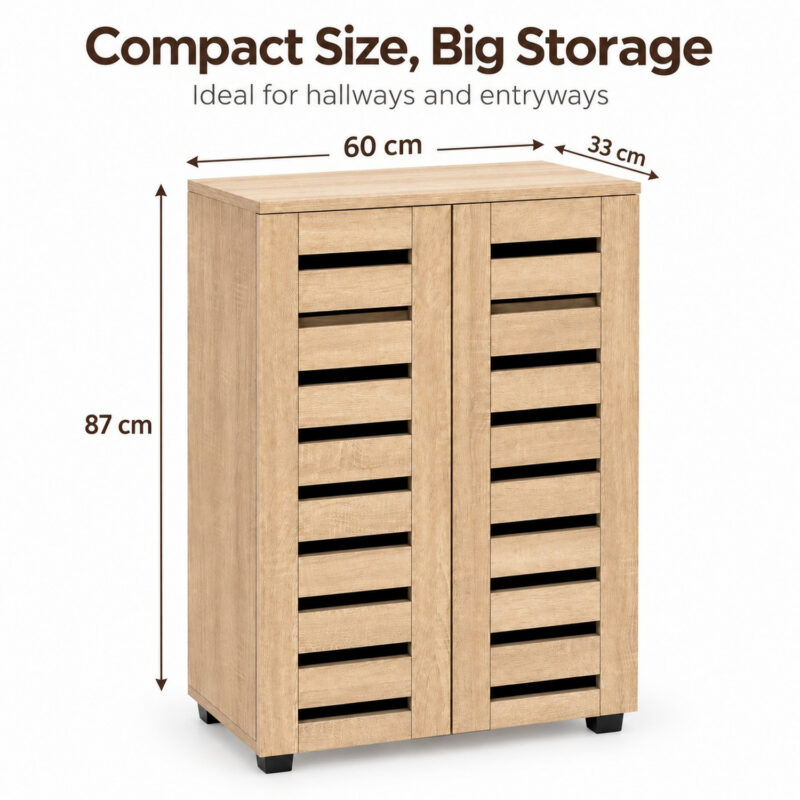 MMT Oak Effect 2 Door Shoe Storage Cabinet with Slatted Doors 60cm