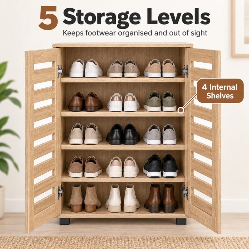 MMT Oak Effect 2 Door Shoe Storage Cabinet with Slatted Doors 60cm