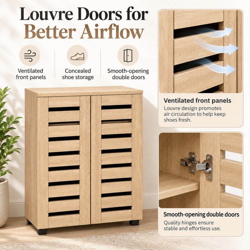 MMT Oak Effect 2 Door Shoe Storage Cabinet with Slatted Doors 60cm