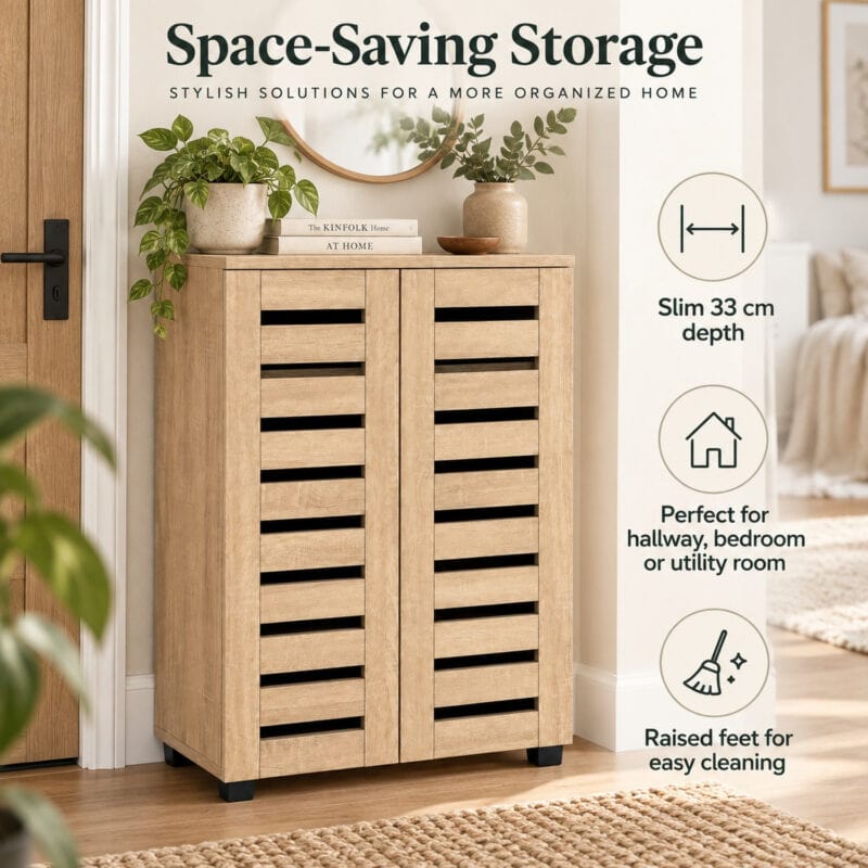 MMT Oak Effect 2 Door Shoe Storage Cabinet with Slatted Doors 60cm