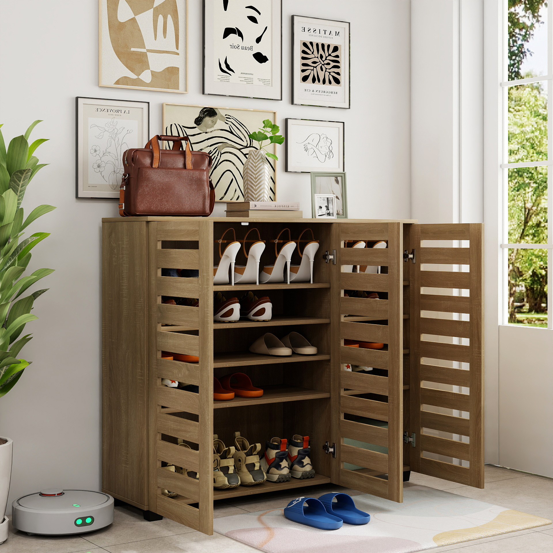 Oak Effect 3 Door Shoe Storage Cabinet with Slatted Doors | 114cm