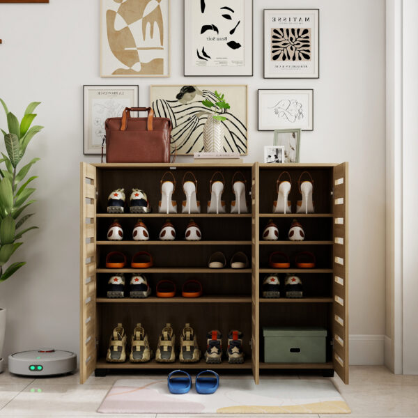 Oak Effect 3 Door Shoe Storage Cabinet with Slatted Doors | 114cm